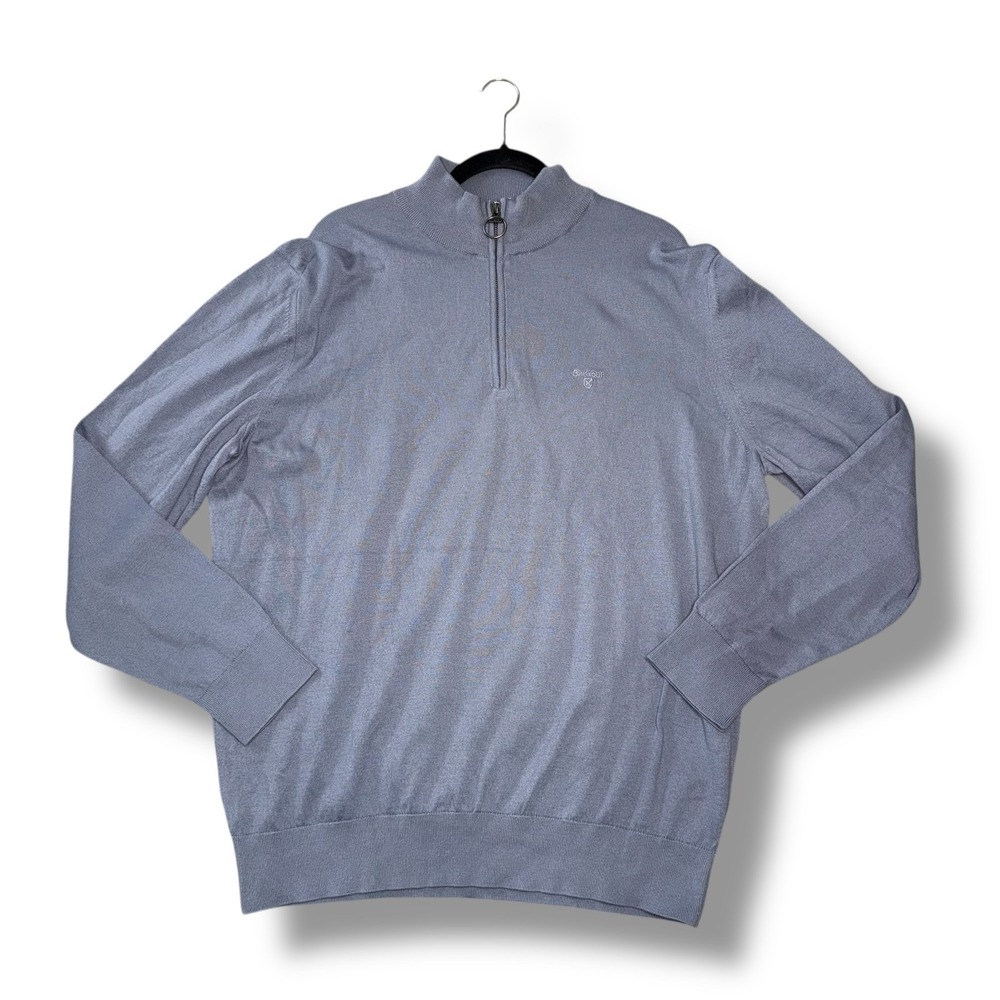 Barbour Mens Pullover Sweater Light Blue Quarter Zip Logo‎ Size XXL Cotton